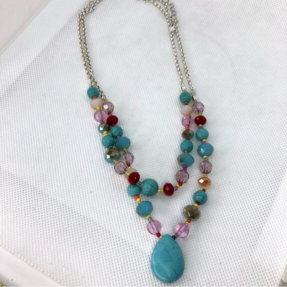 Faux Turquoise Crystal Beads Mixed Media Double Strand Necklace 18"